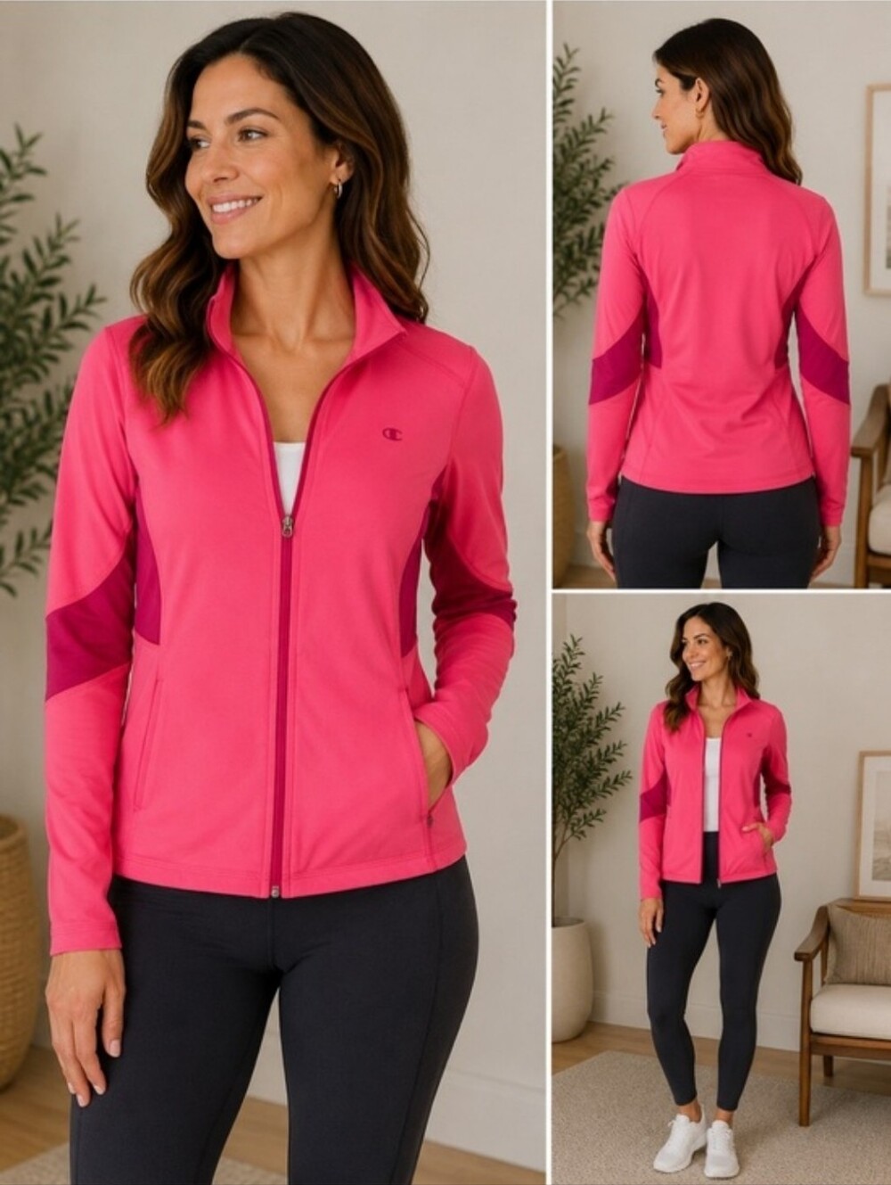 Champion PowerTrain Fleece Jacket Womens Sz L Pink Long Sleeve Full-Zip Duofold